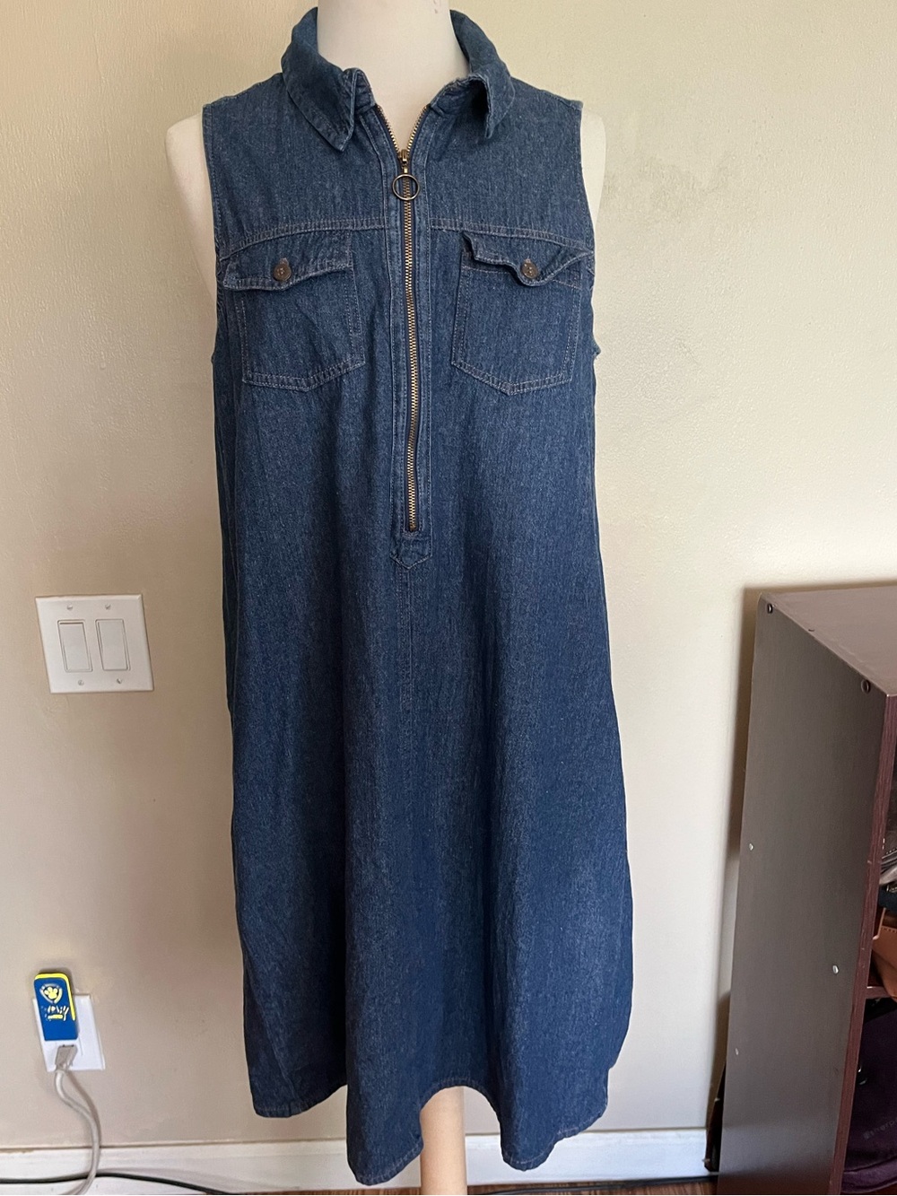Dark Blue Denim Sleeveless Zip-Front Dress